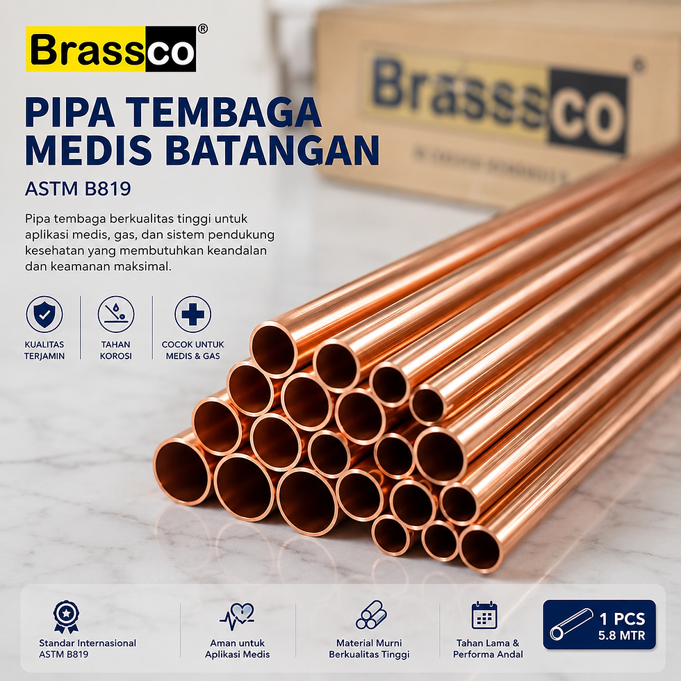 pipa tembaga medis batangan Brassco ASTM B819 panjang 5,8 meter untuk instalasi gas medis rumah sakit.
