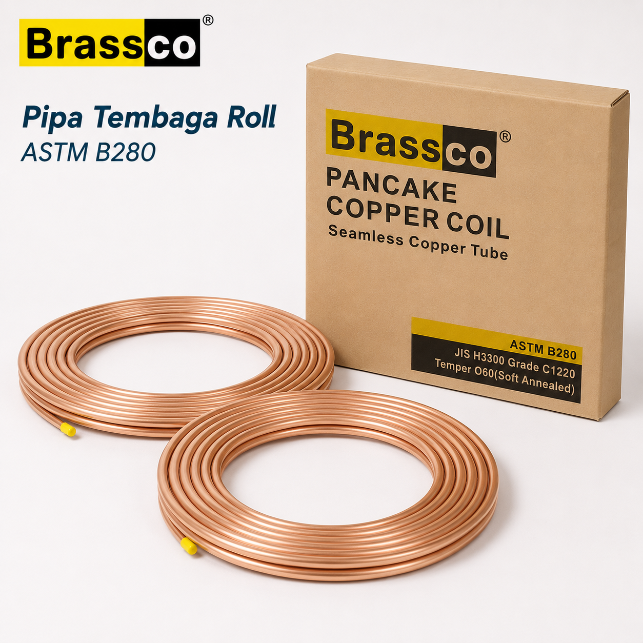 Pipa tembaga rol Brassco ASTM B280 panjang 15 meter untuk pipa AC dan refrigerasi standar internasional.
