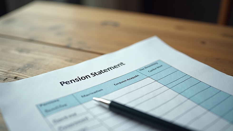 Eye-level view of a pension statement document on a wooden desk