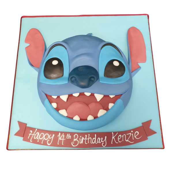 A cute and colorful cake inspired by Stitch from the popular Disney movie Lilo and Stitch, perfect for fans of the character.