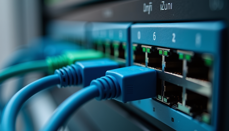Close-up view of a Unifi switch with multiple Ethernet cables connected
