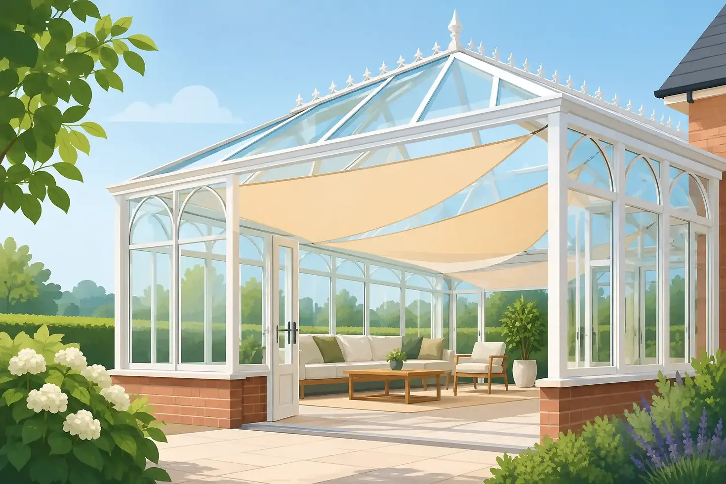Shade Sails in Victorian-Shaped Conservatory Images