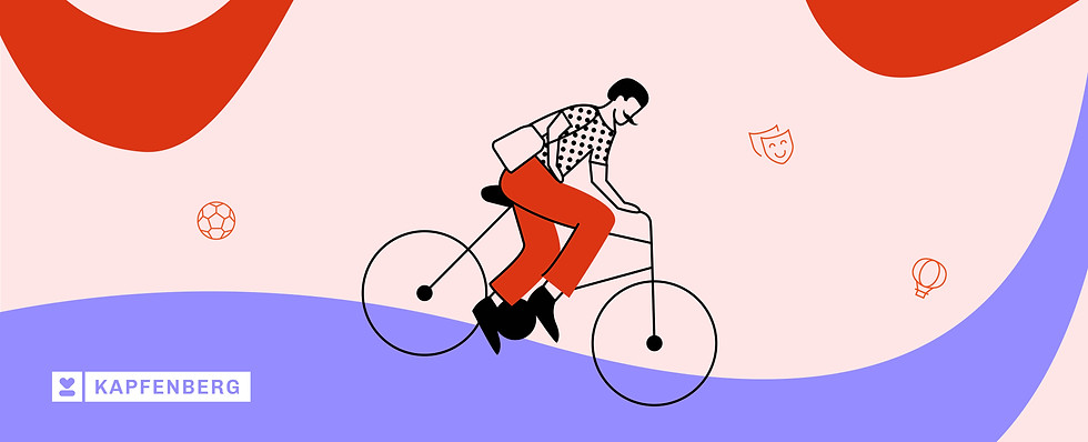 Lineare Illustration eines Mannes mit Schnurbart der Rad fährt.