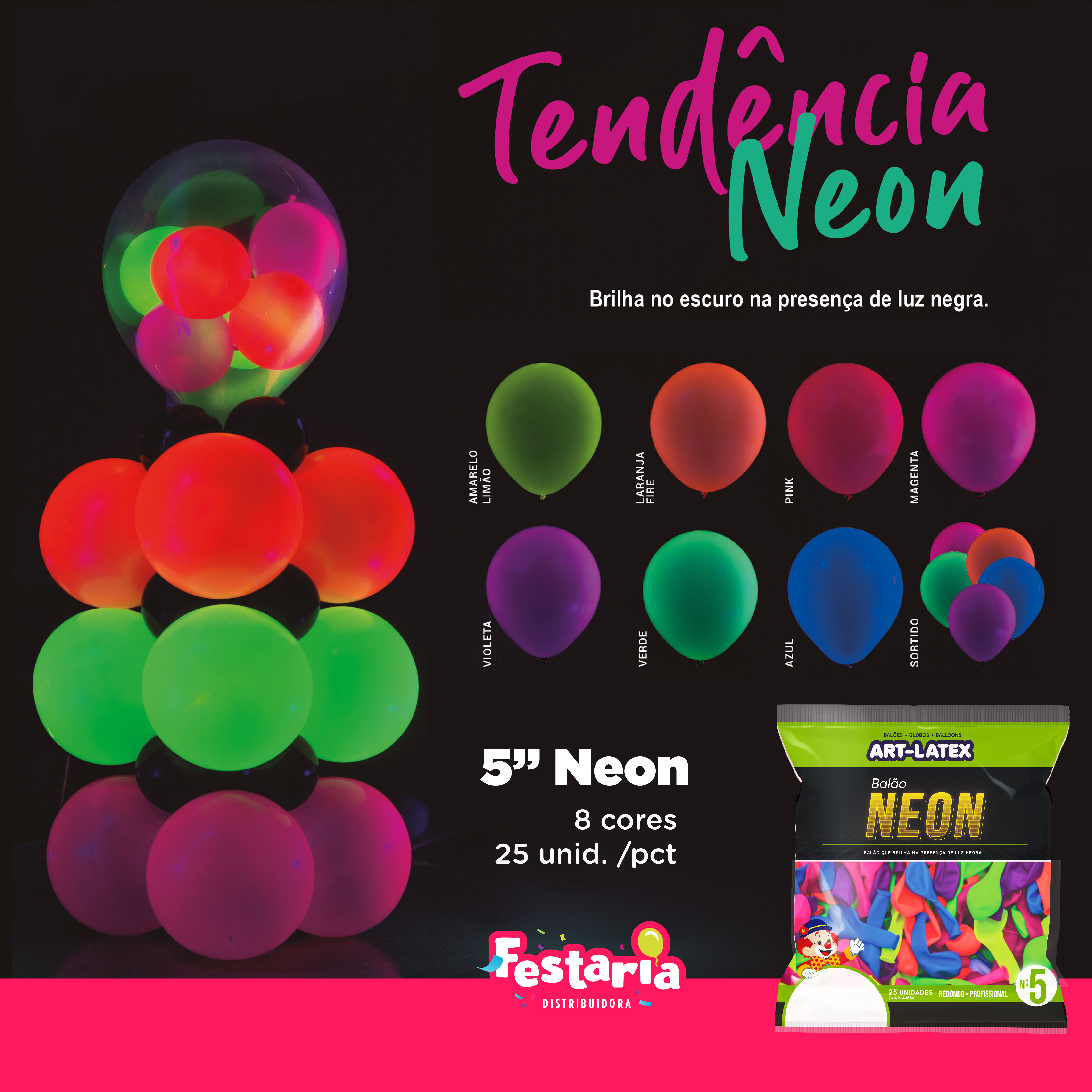 Balão Neon 5" Diversas Cores – 25 Unid – Art Latex