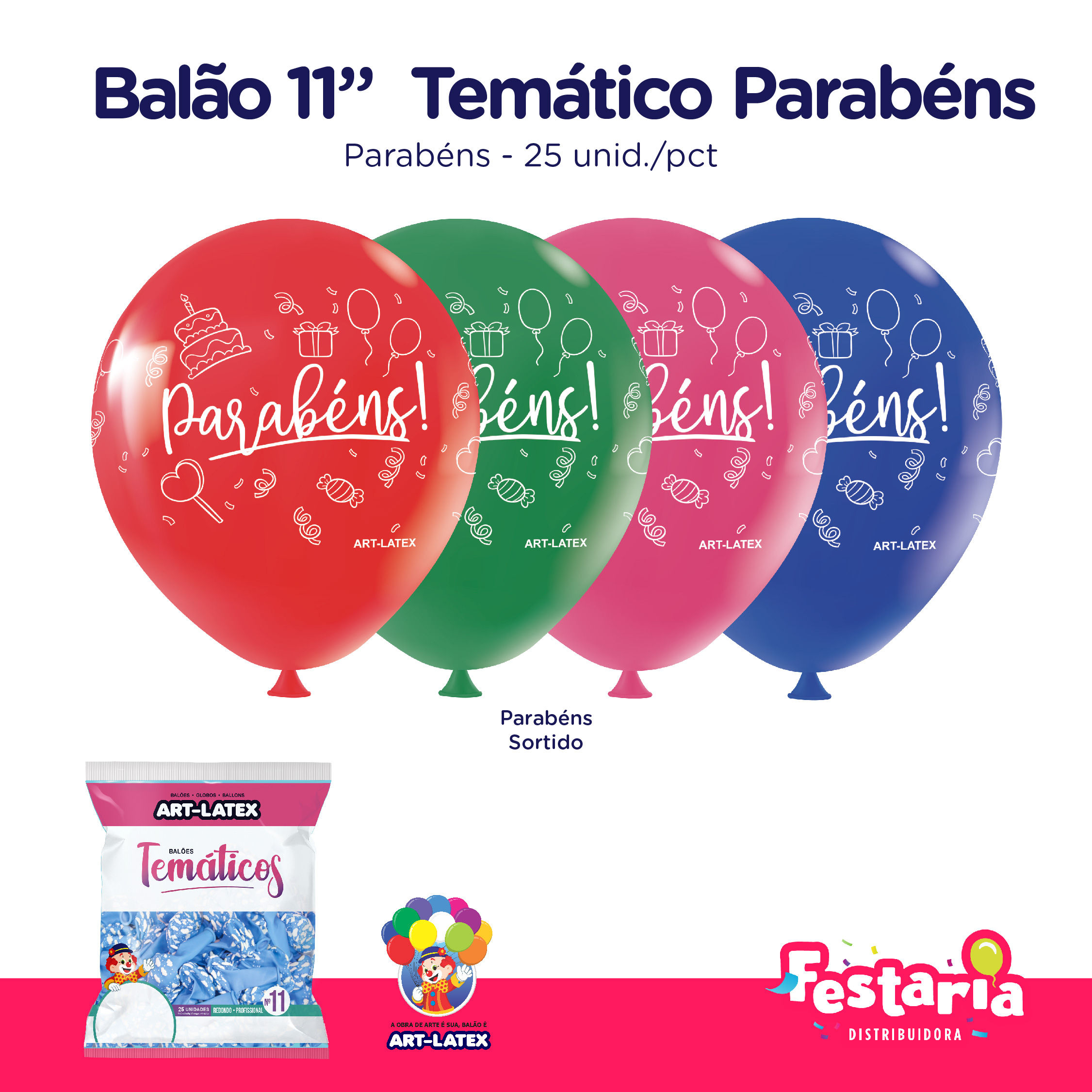 Balão Bexiga Temático 11" Parabéns Aniversário Sortido – 25 Unidades – Art Latex