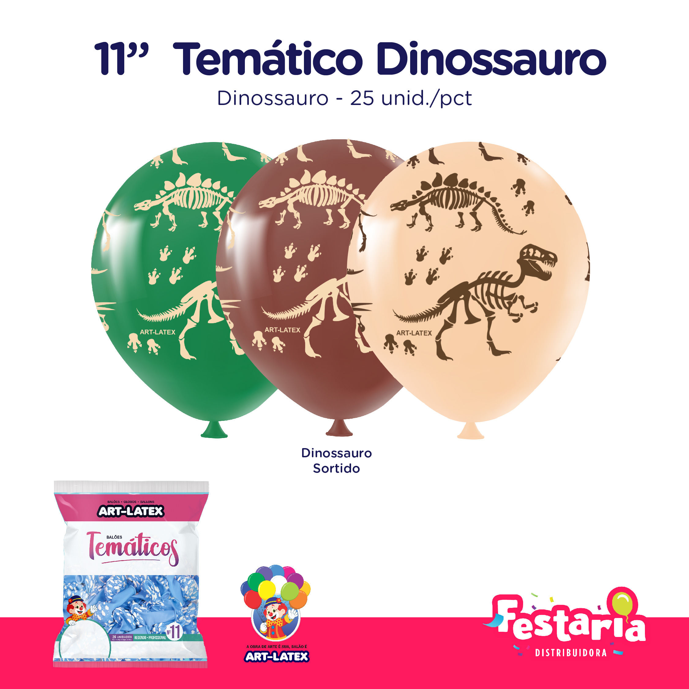 Balão Bexiga Temático 11" Dinossauros Sortidos – 25 Unidades – Art Latex
