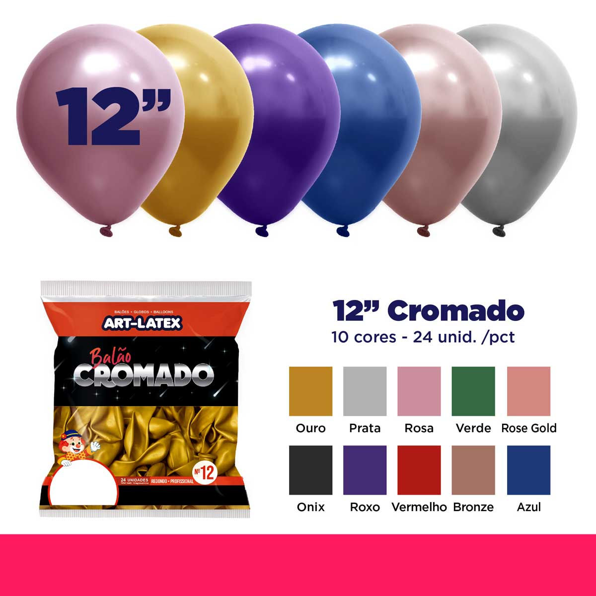 Balão Cromado 12" Diversa Cores – 24 Unid – Art Latex