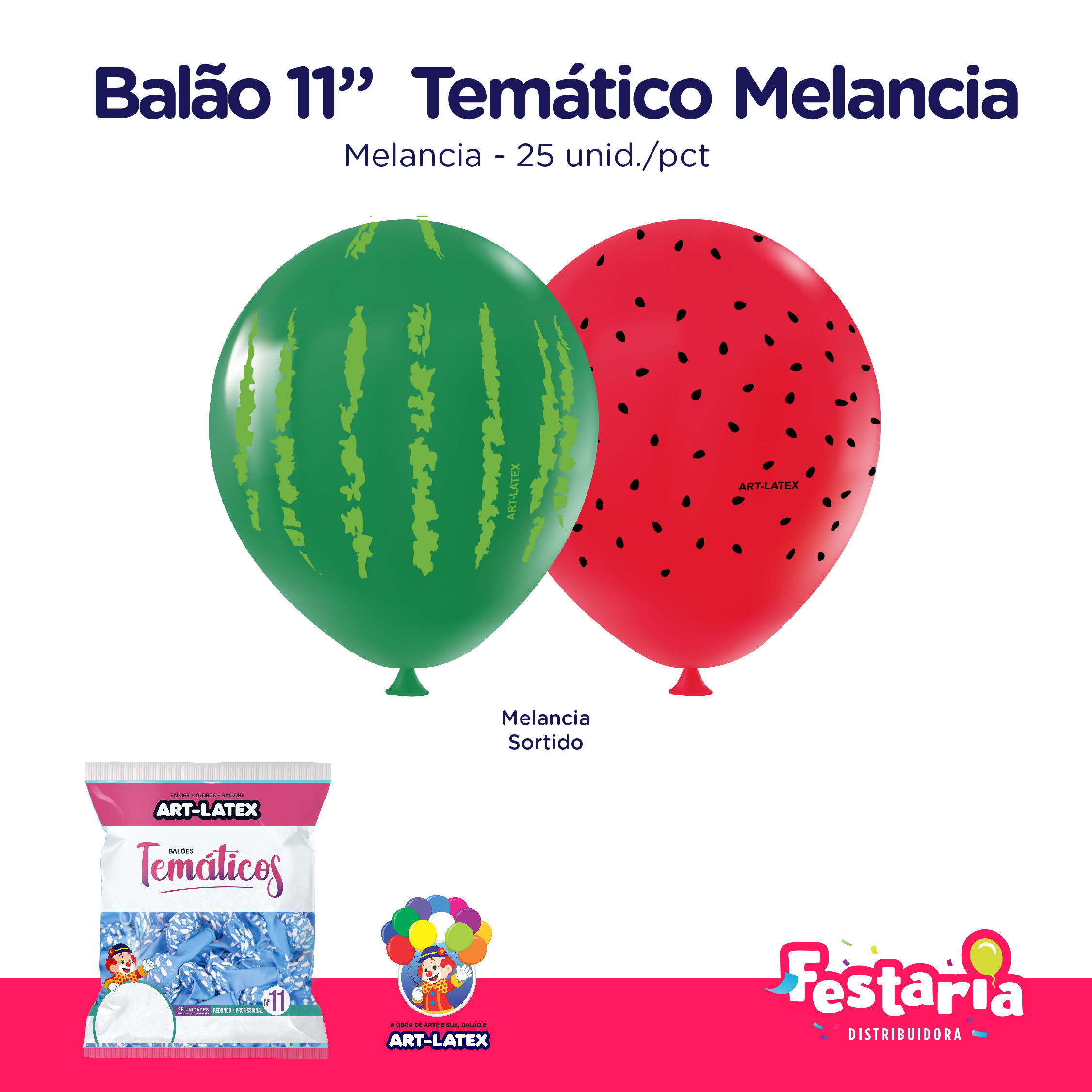 Balão Bexiga Temático 11" Melancia Fruta – 25 Unidades – Art Latex