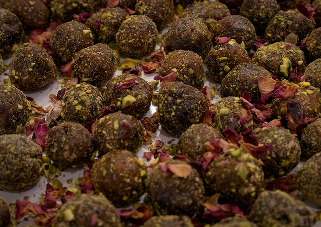 Close-up of a Palestinian dessert prepared for a Sacred Cuisine event.