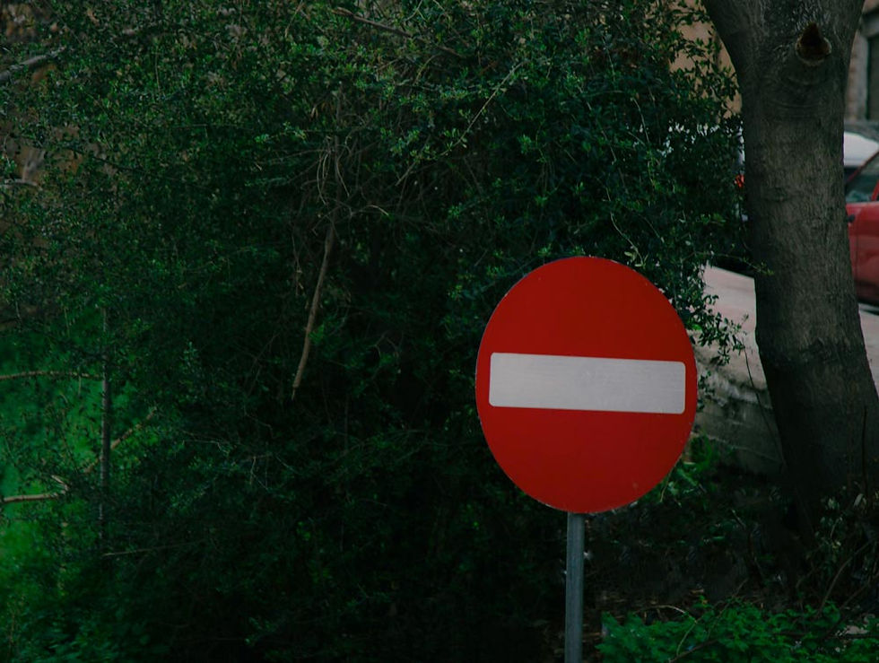 A red, circular, no-entry sign in front of green trees | Stella Logan | Australian English Copyeditor, Content Writer, Proofreader