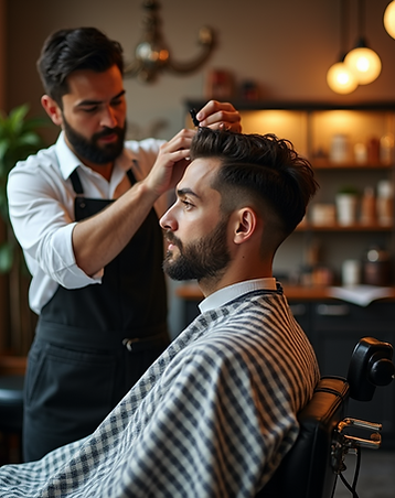 Barber-polishing-customer's-hair-in-vintage-decorated-barbershop-under-warm-workshop-light