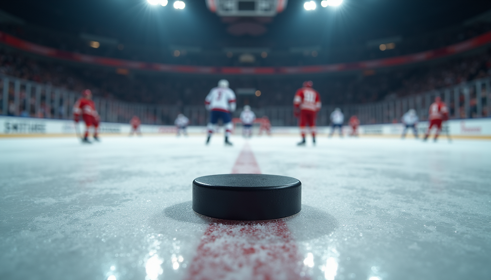 A puck stands behind a group of players, potentially playing for the Vegas Golden Knights.