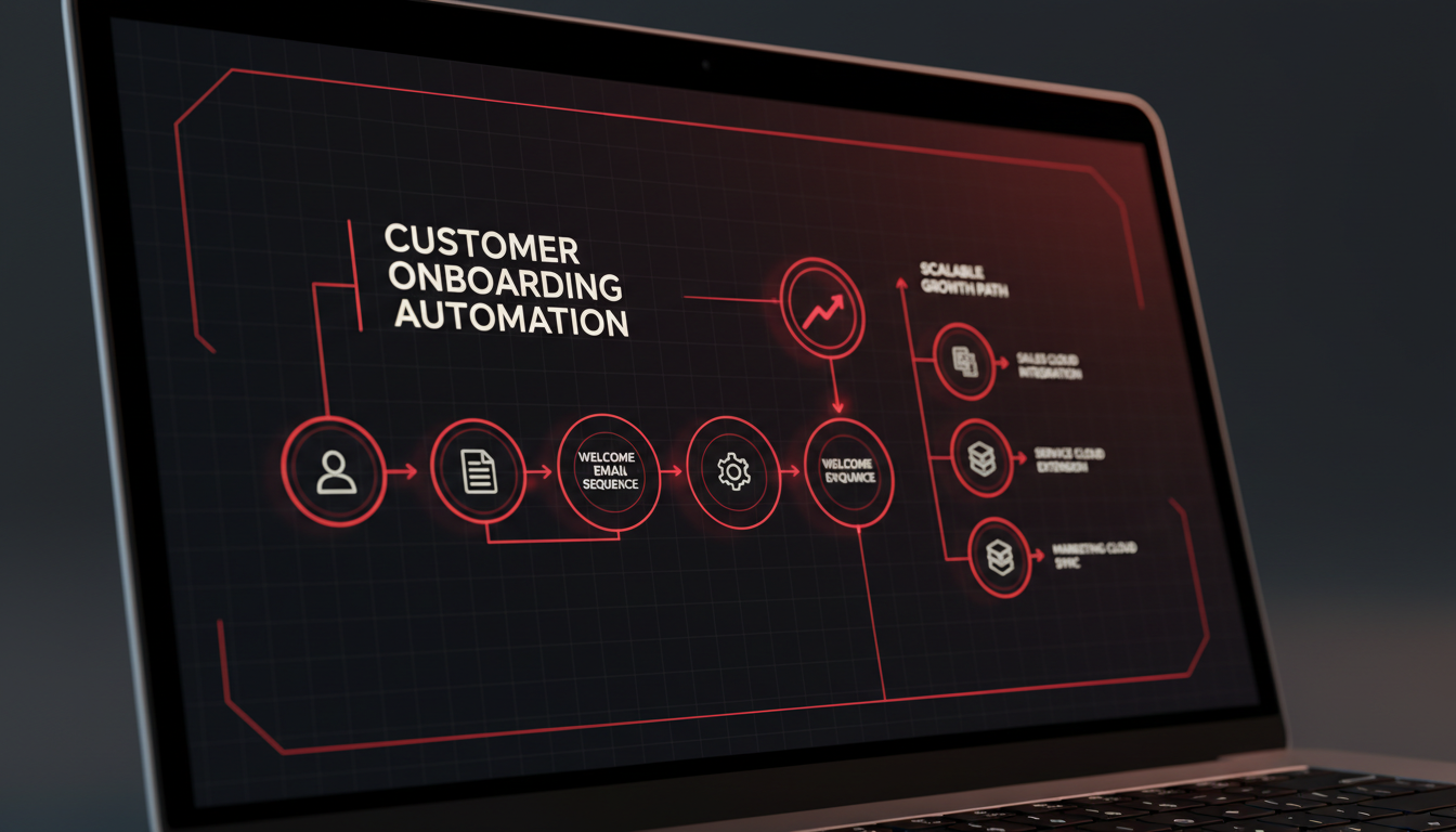 Close-up view of a laptop screen showing Salesforce automation workflow