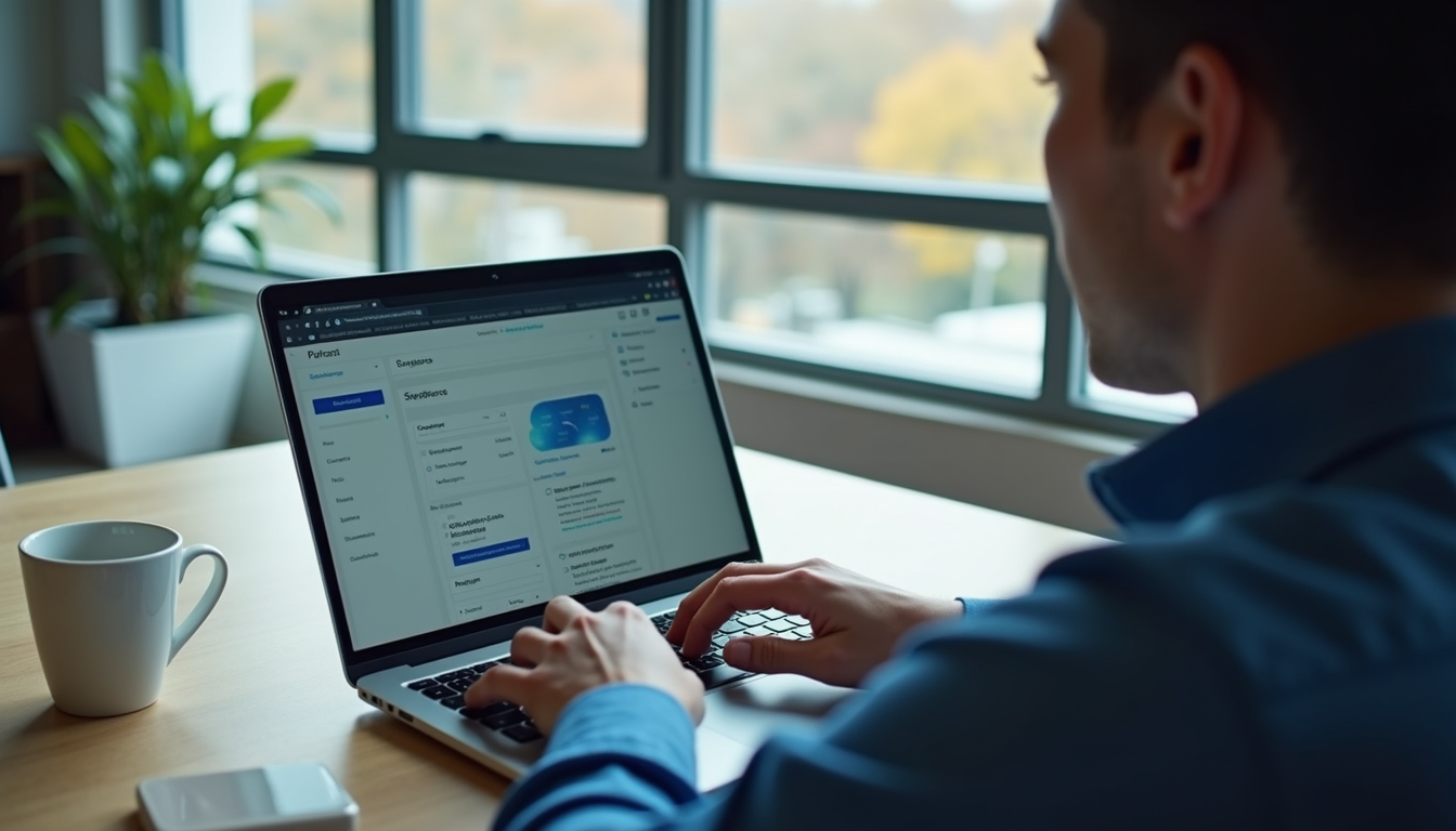 High angle view of a freelancer working on Salesforce project on a laptop