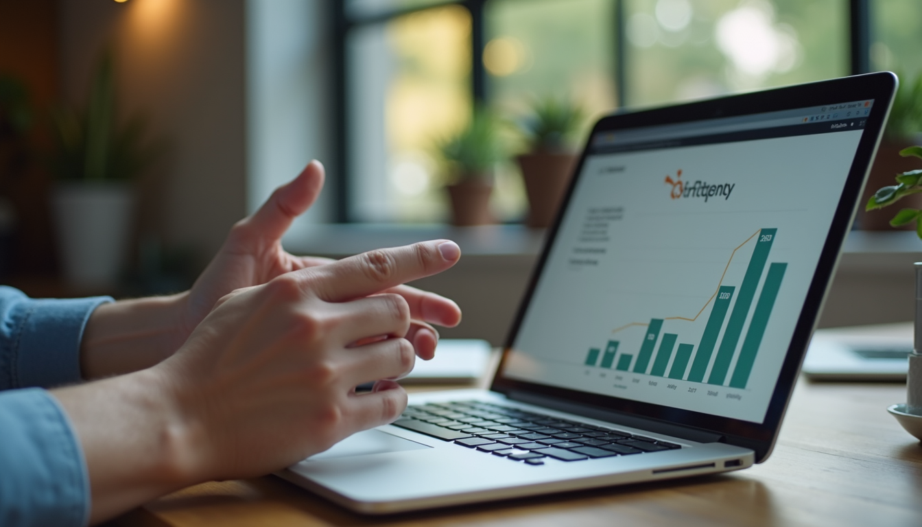 Close-up view of a consultant explaining HubSpot strategy on a laptop