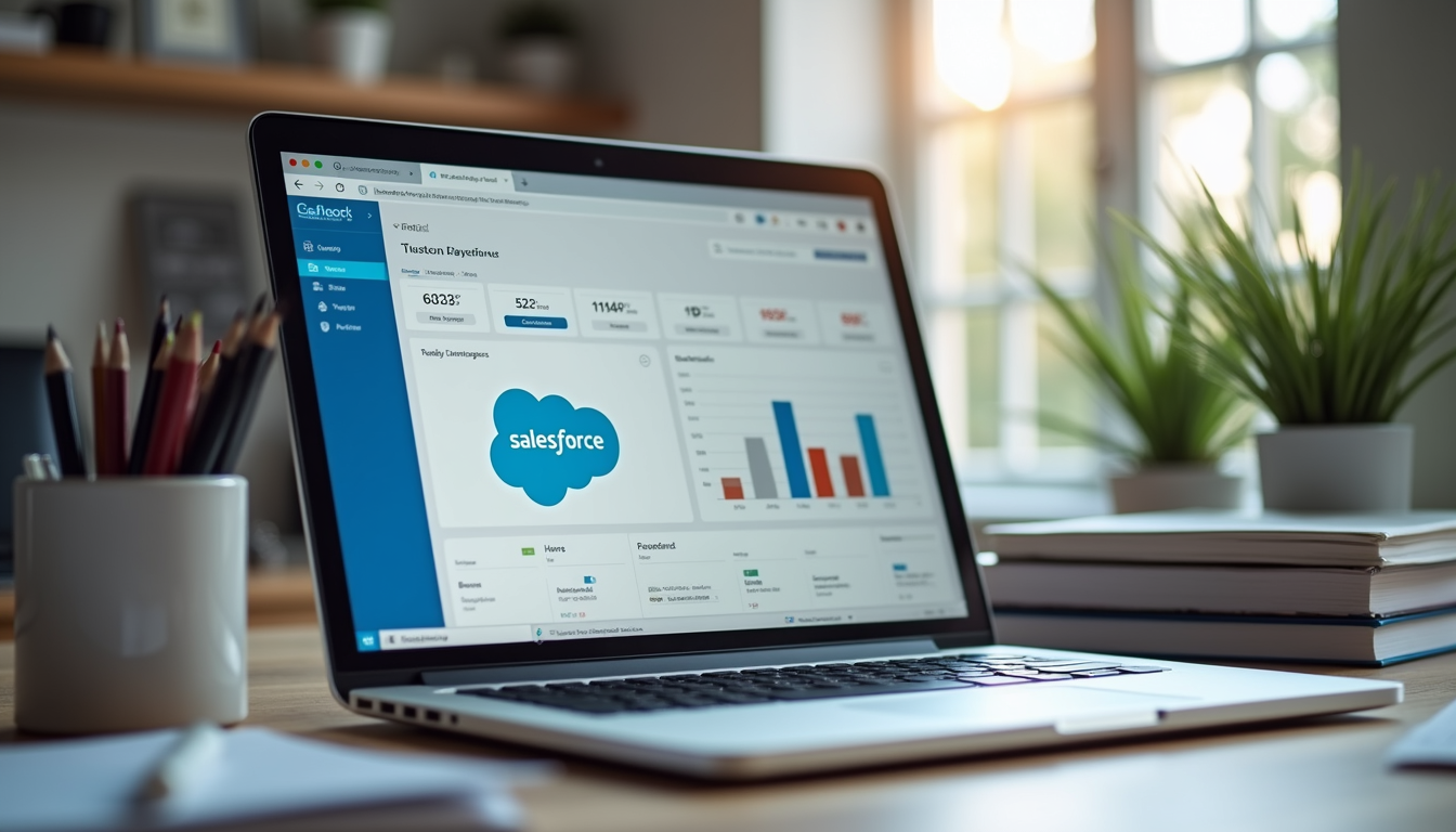 Eye-level view of a modern office workspace with a laptop displaying Salesforce dashboard