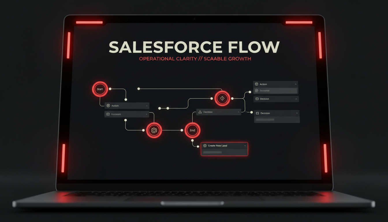 Close-up view of a laptop screen showing Salesforce Flow builder interface