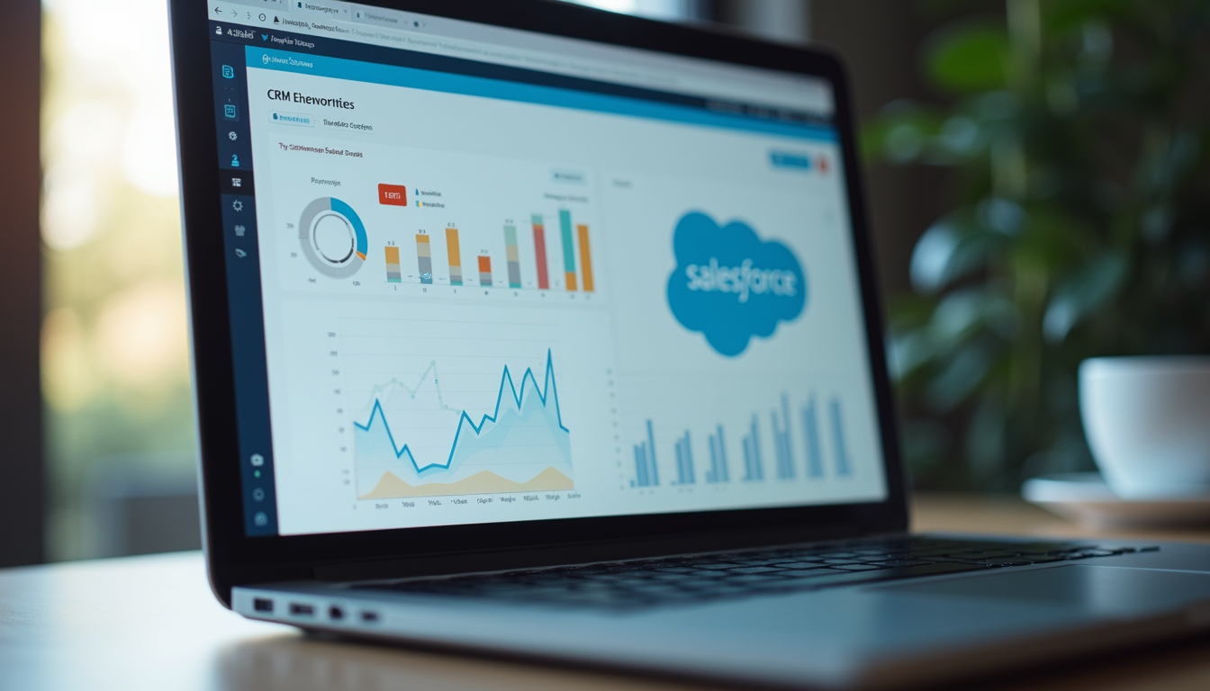 Close-up view of a laptop screen displaying Salesforce CRM interface with charts and graphs