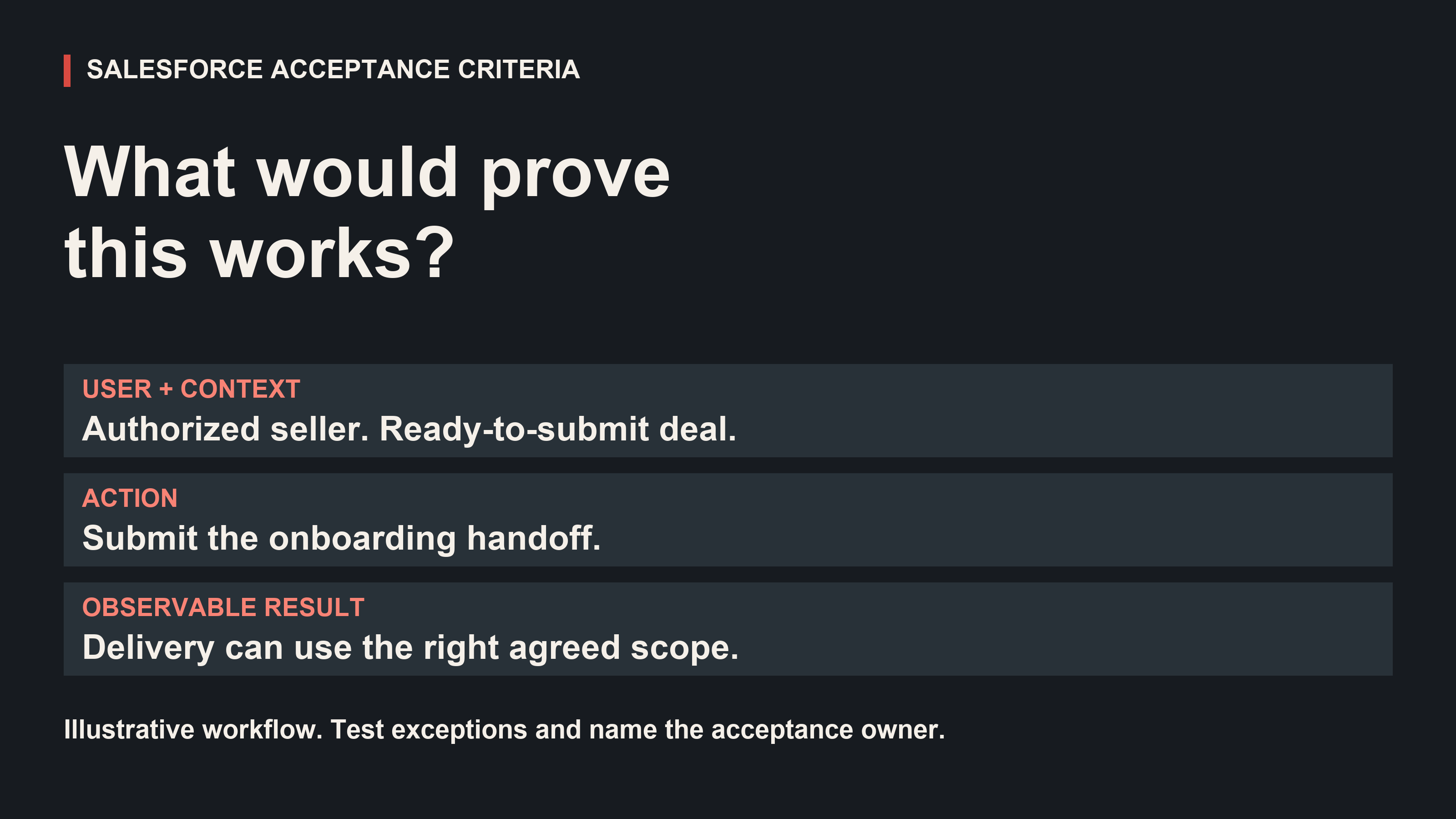 Illustrative Salesforce acceptance example: an authorized seller submits a ready deal; delivery can use the handoff with the right agreed scope. Test exceptions and name the acceptance owner.