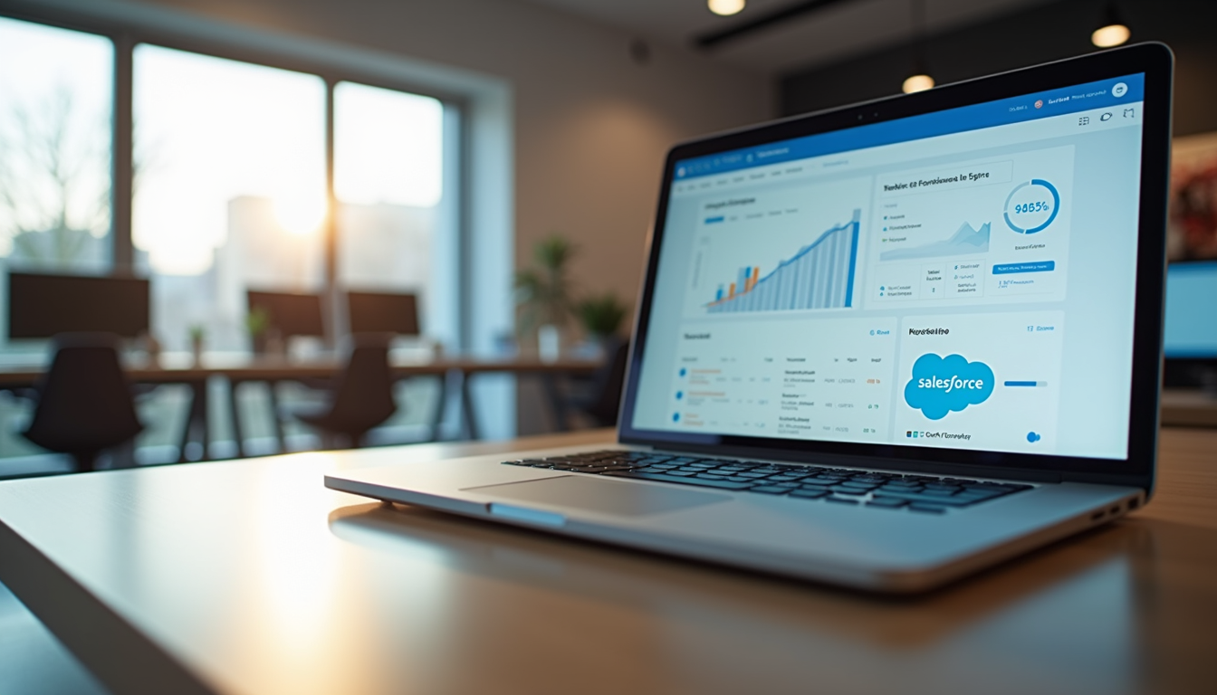 Eye-level view of a modern office workspace with a laptop displaying Salesforce dashboard