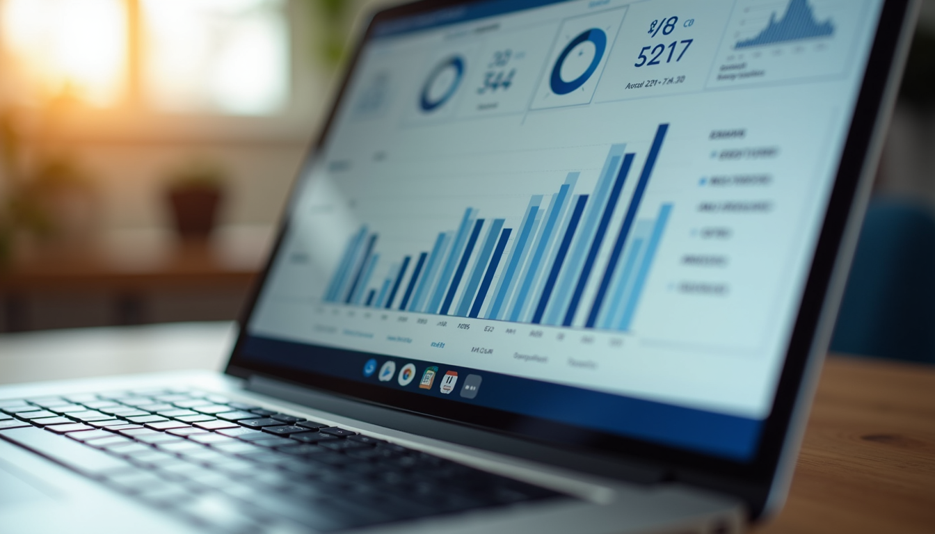 Close-up view of a laptop screen showing CRM analytics dashboard