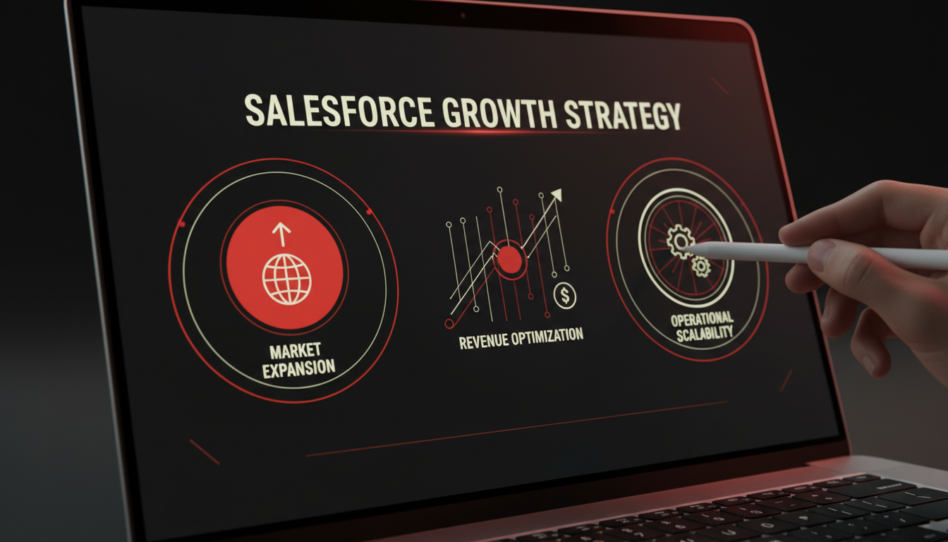 Close-up view of a consultant presenting Salesforce growth strategy on a laptop screen