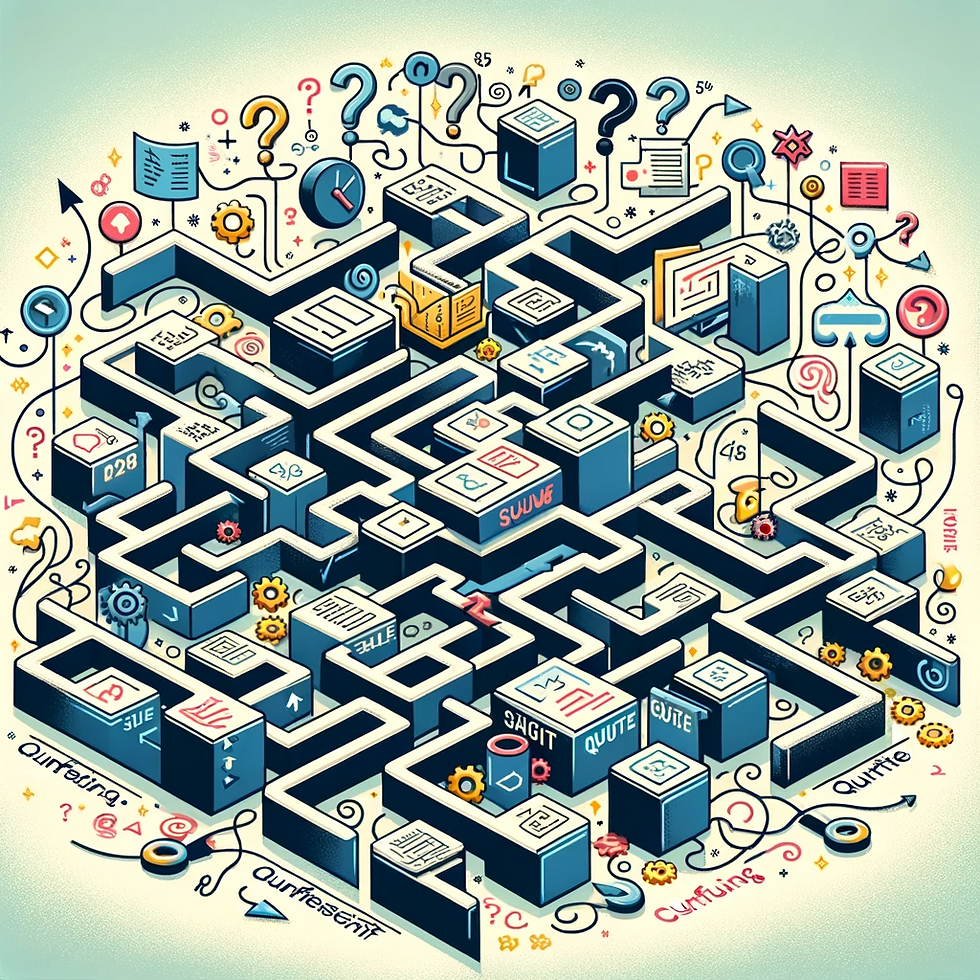 maze made of jumbled numbers and quote symbols, representing the challenges in standard quoting. A path through the maze can lead to a simplified quote layout, indicating the solution to these challenges.