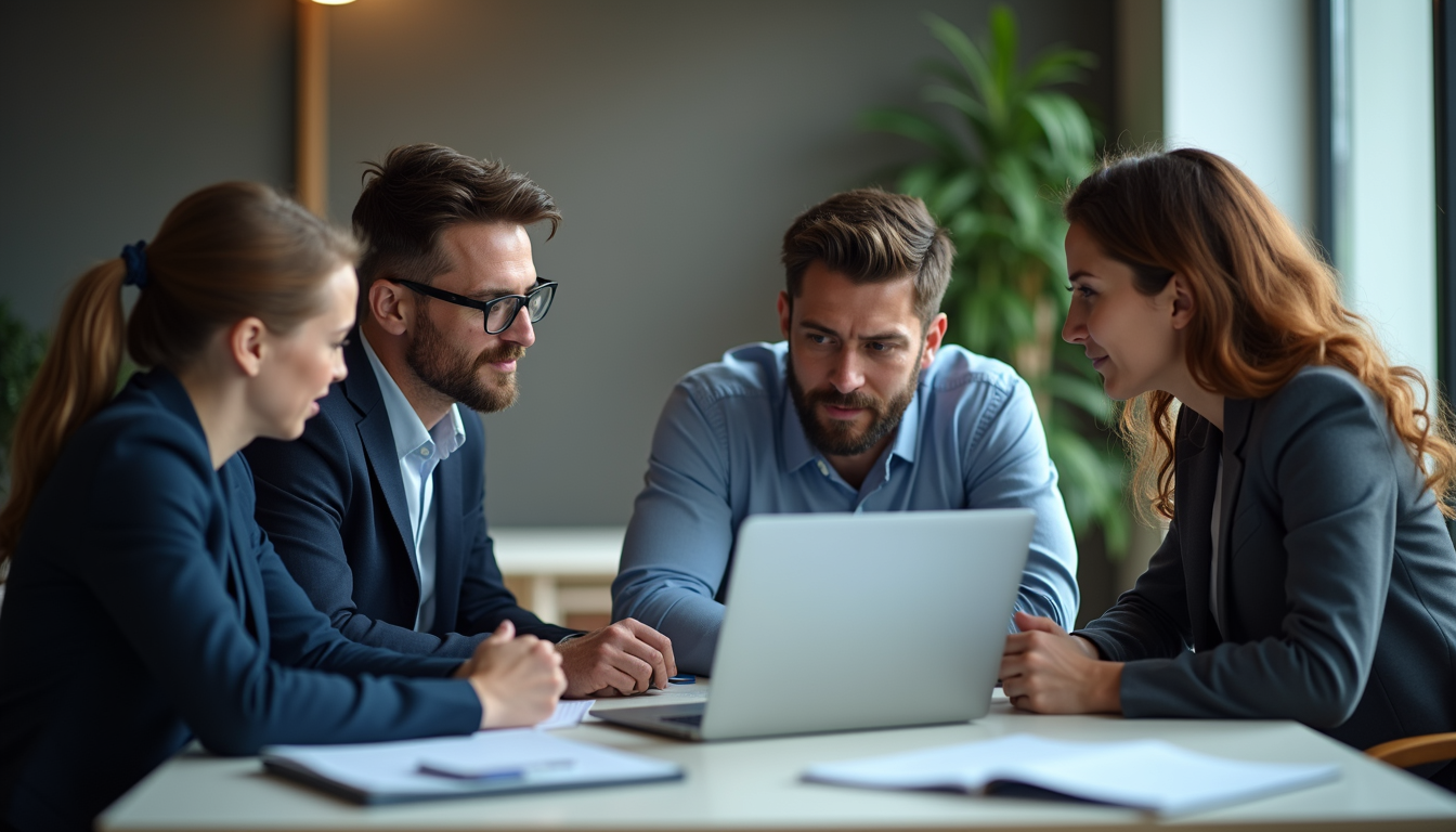 Eye-level view of a business team collaborating around a laptop with Salesforce open