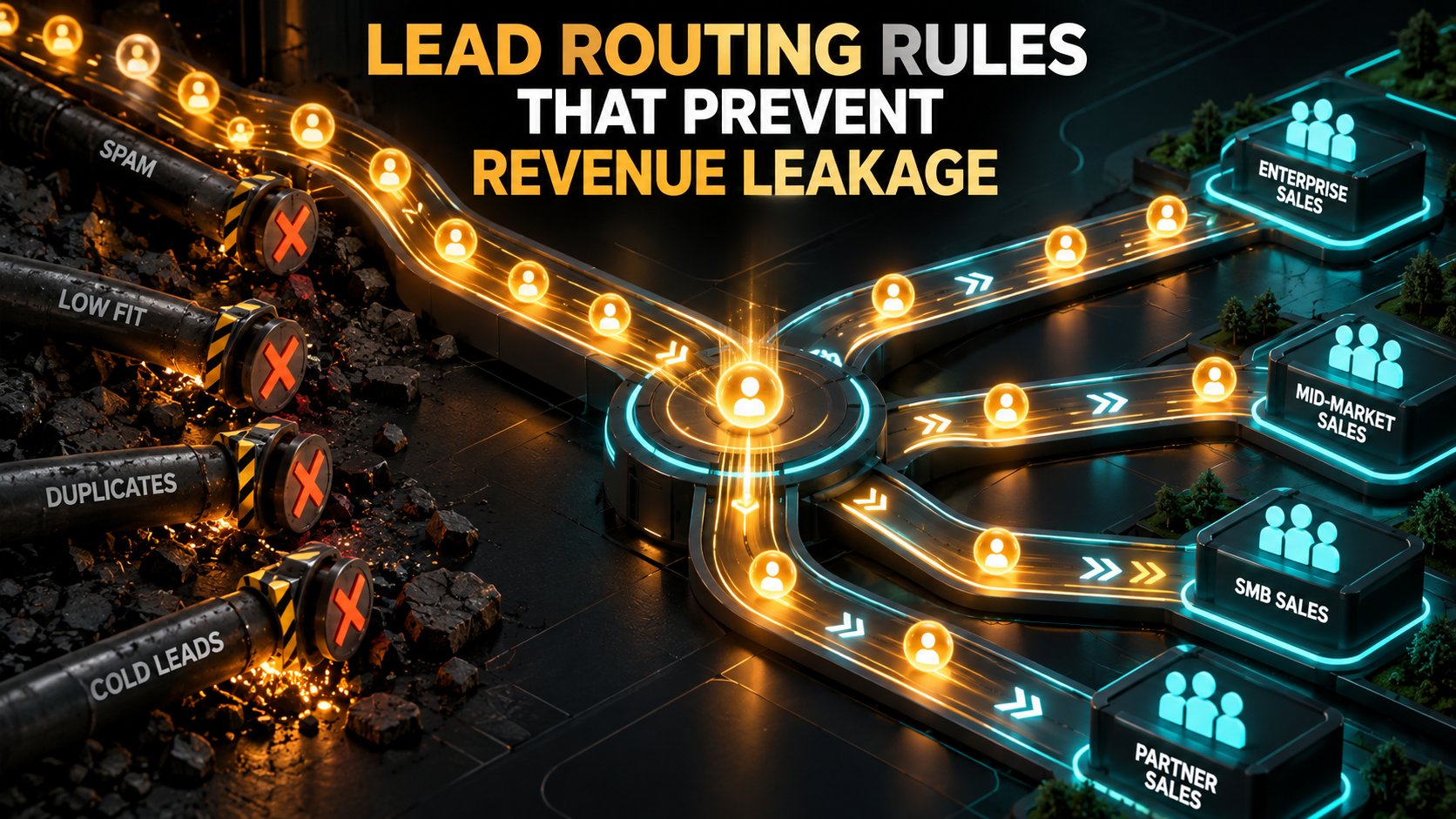 Lead routing network directing qualified leads to the correct sales teams