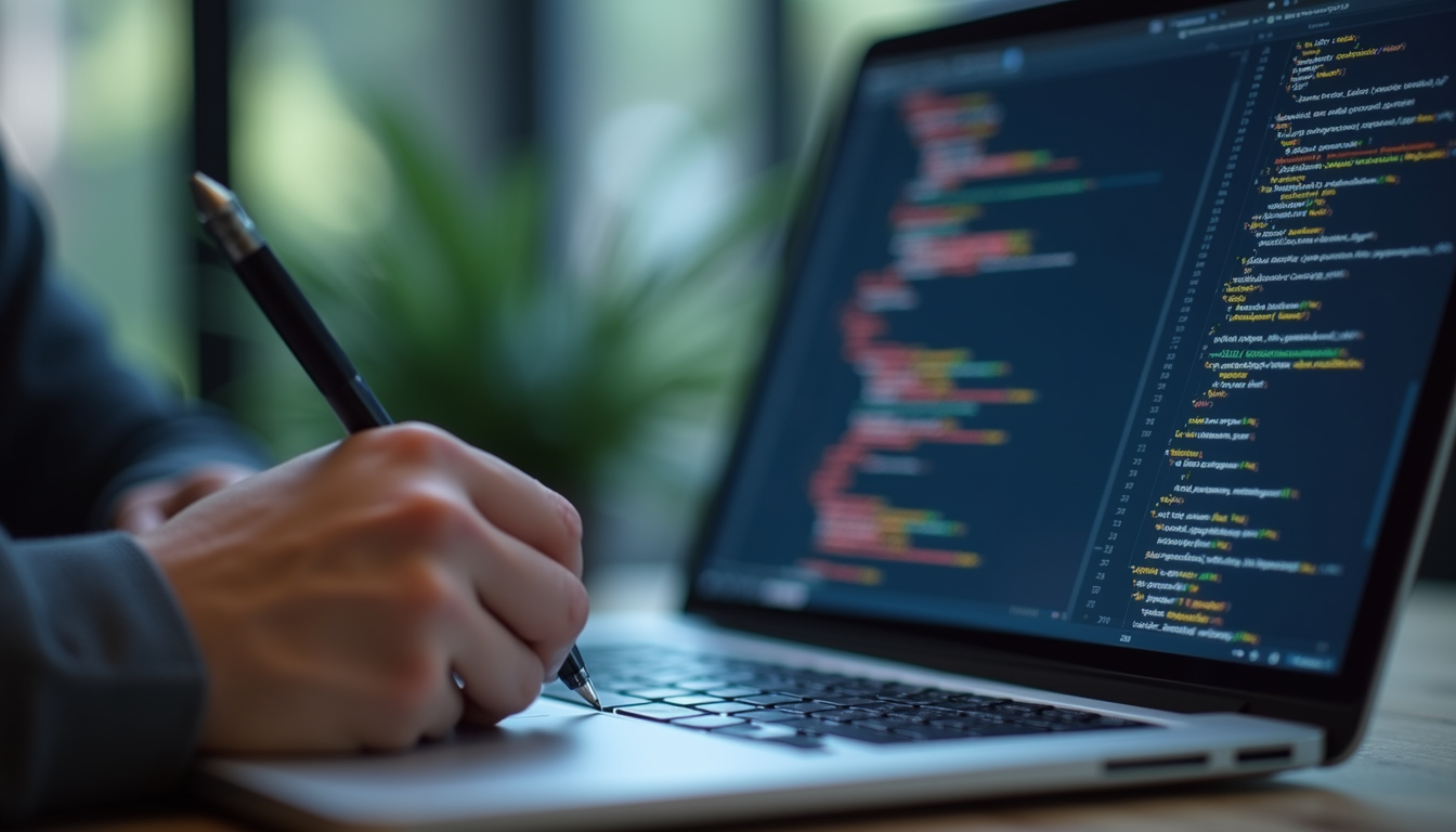 Close-up view of a developer writing code for Salesforce customization