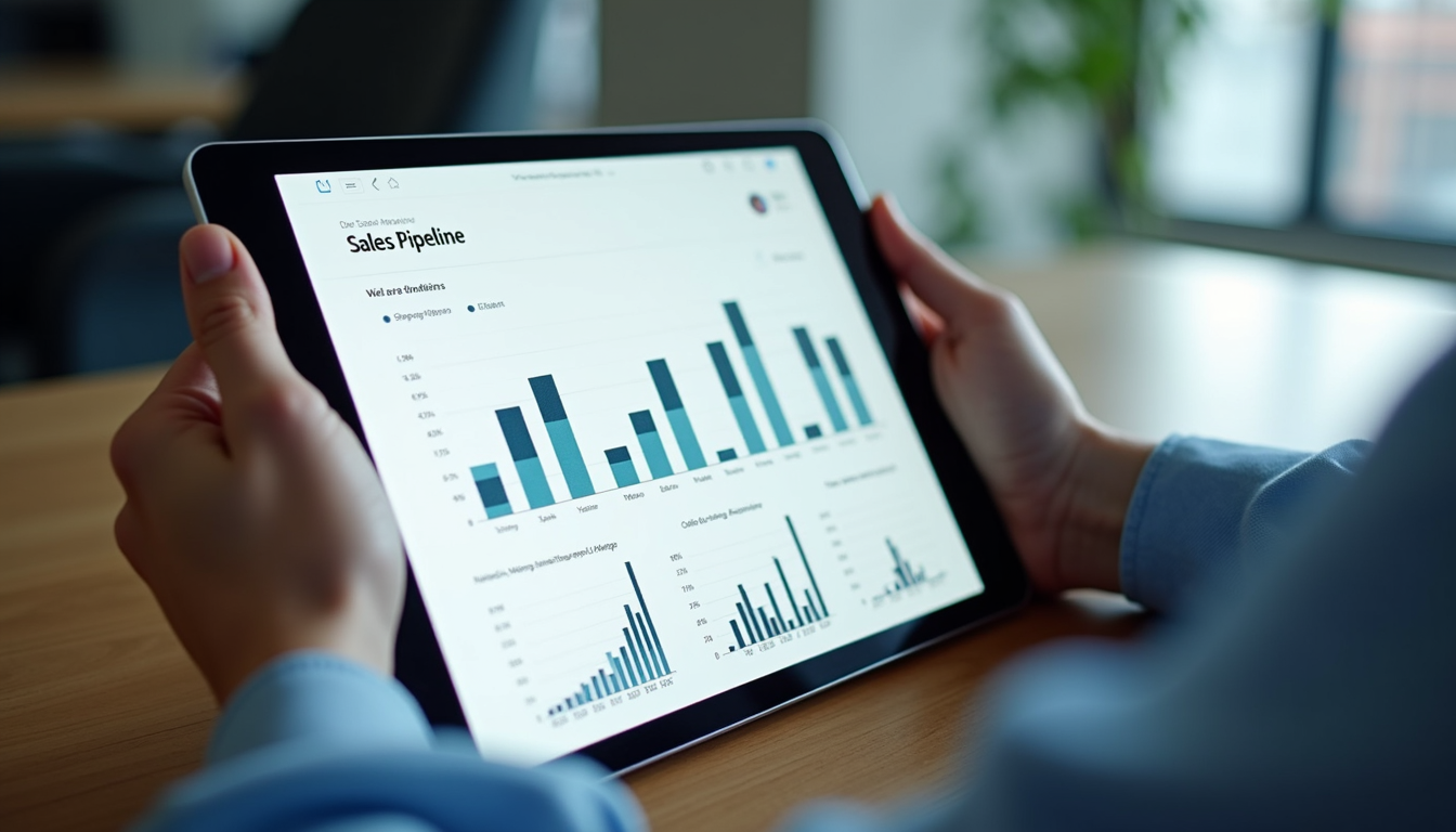 High angle view of a sales pipeline dashboard on a tablet
