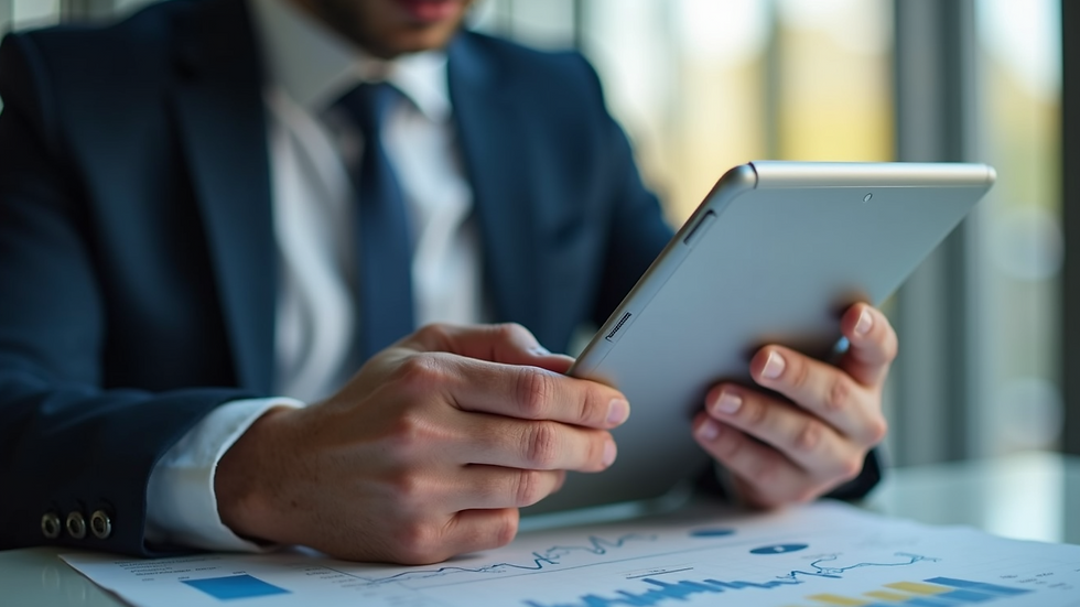 Close-up view of a business professional analyzing Salesforce reports on a tablet
