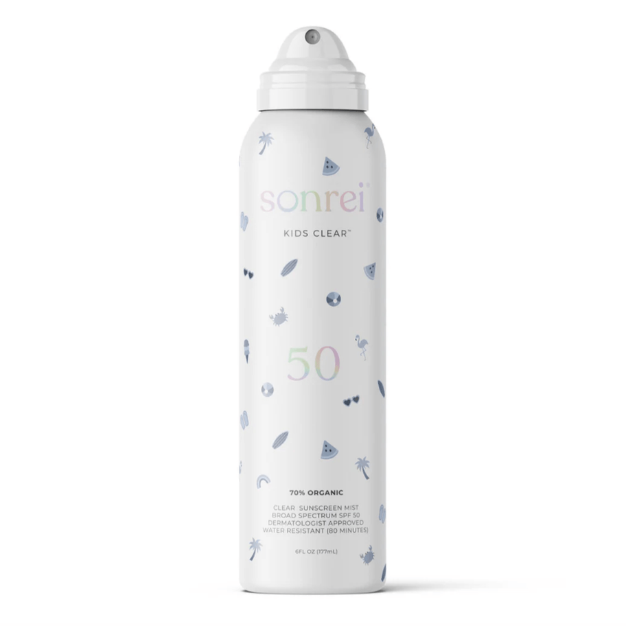 Aérosol solaire transparent Sonrei Kids Clear FPS 50 présenté sur un fond blanc.