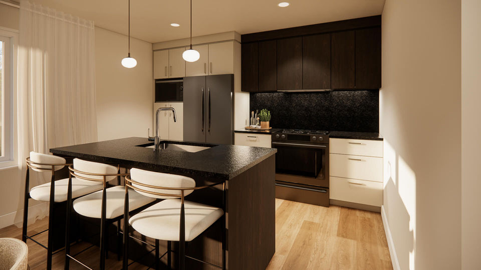 Aire ouverte lumineuse avec salon moderne et cuisine contemporaine dans un condo Altitude 33 à Mirabel.