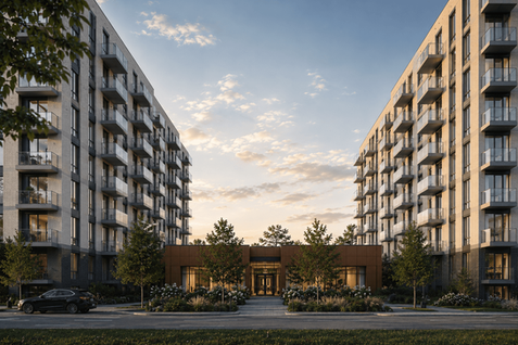Immeubles résidentiels modernes avec balcons au crépuscule.