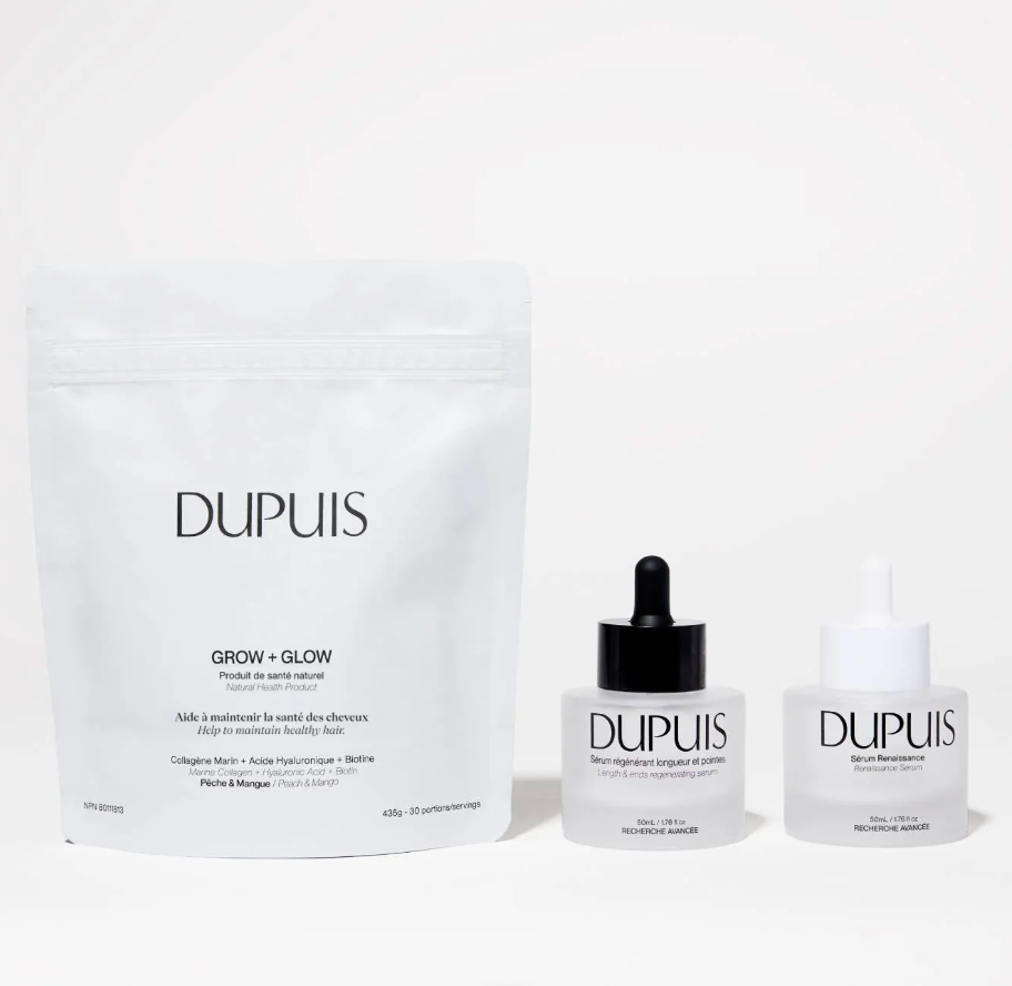Ensemble de produits Dupuis comprenant un supplément Grow + Glow en sachet blanc et deux sérums capillaires avec pipettes