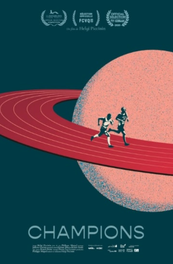 Affiche illustrée du documentaire Champions avec deux personnages courant autour d’une planète