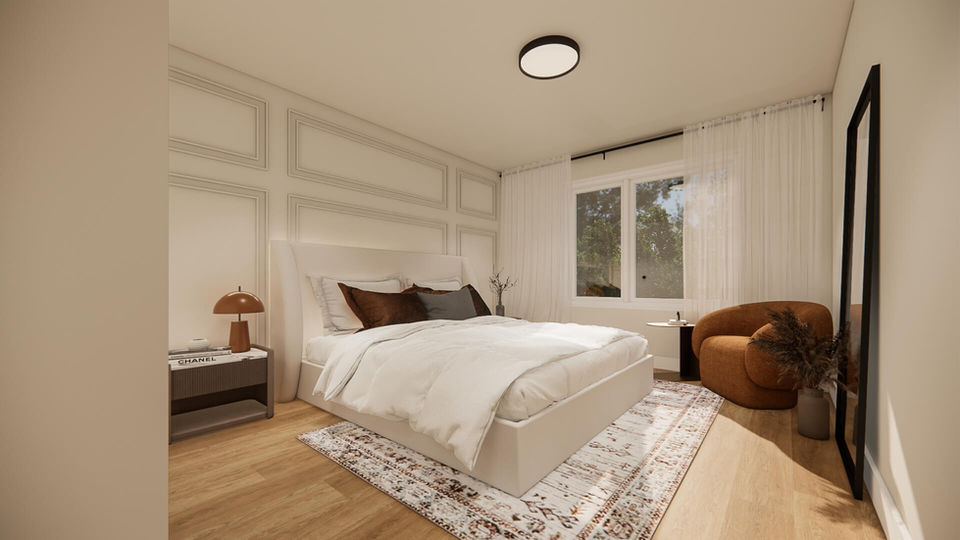 Chambre principale lumineuse avec design moderne dans un condo locatif Altitude 33 à Mirabel.