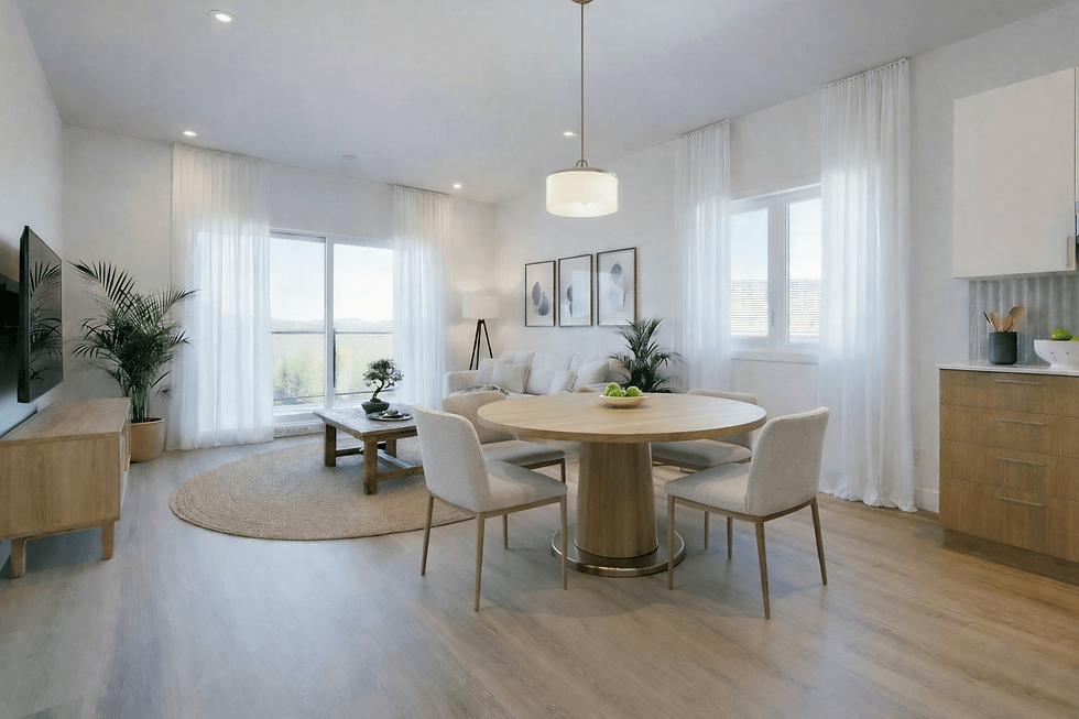 Espace de vie moderne et lumineux avec salle à manger et salon.