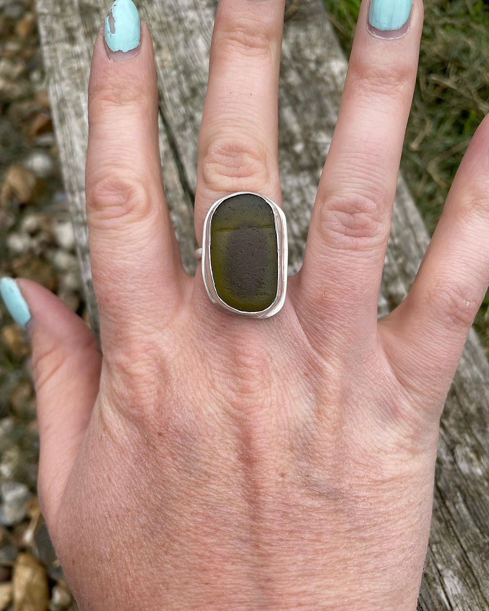 Thumbnail: Olive green sea glass ring 
