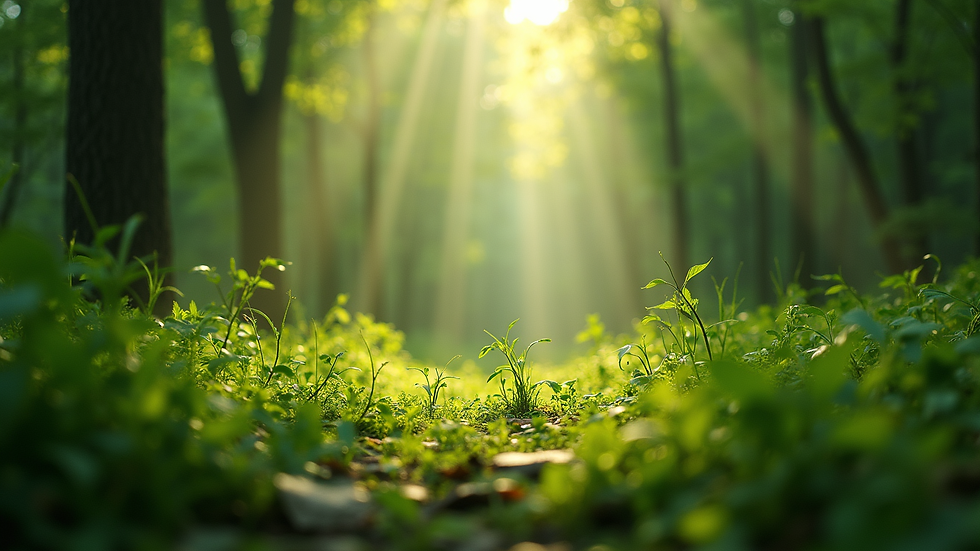 Eye-level view of a lush green forest with sunlight filtering through the leaves