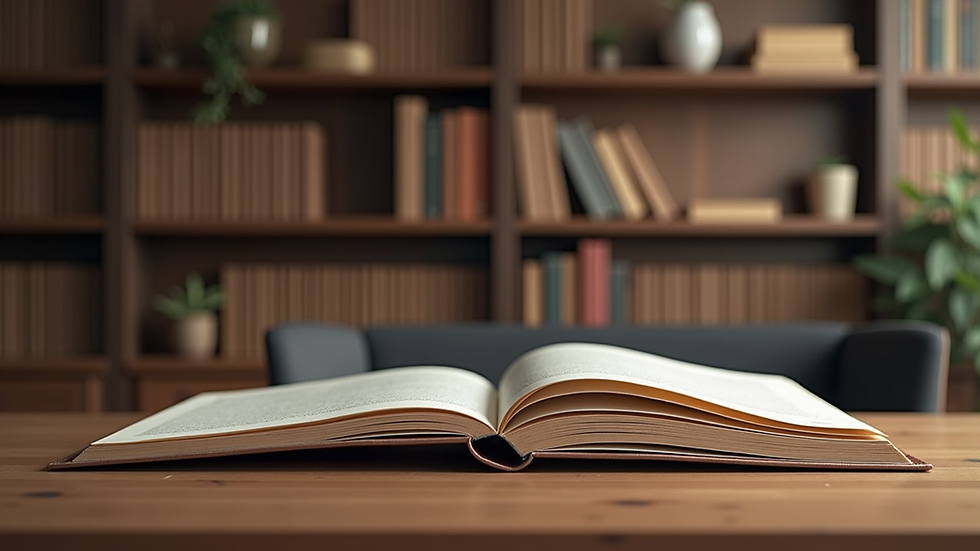 Vista lateral de un despacho de abogados con libros y documentos organizados