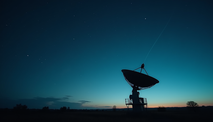 Plano medio de una antena de radar apuntando al cielo nocturno