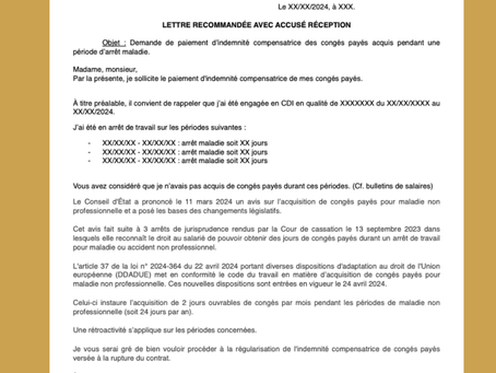 Modèle de demande de paiement d’indemnité compensatrice des congés payés acquis pendant une période d’arrêt maladie.