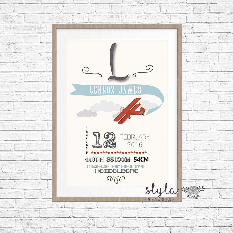 Vintage Plane Boy Custom Baby Birth Print