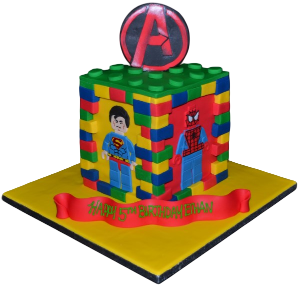 Bespoke Avengers Lego Bricks superheroes cake with colorful edible figures, crafted in Solihull, West Midlands.