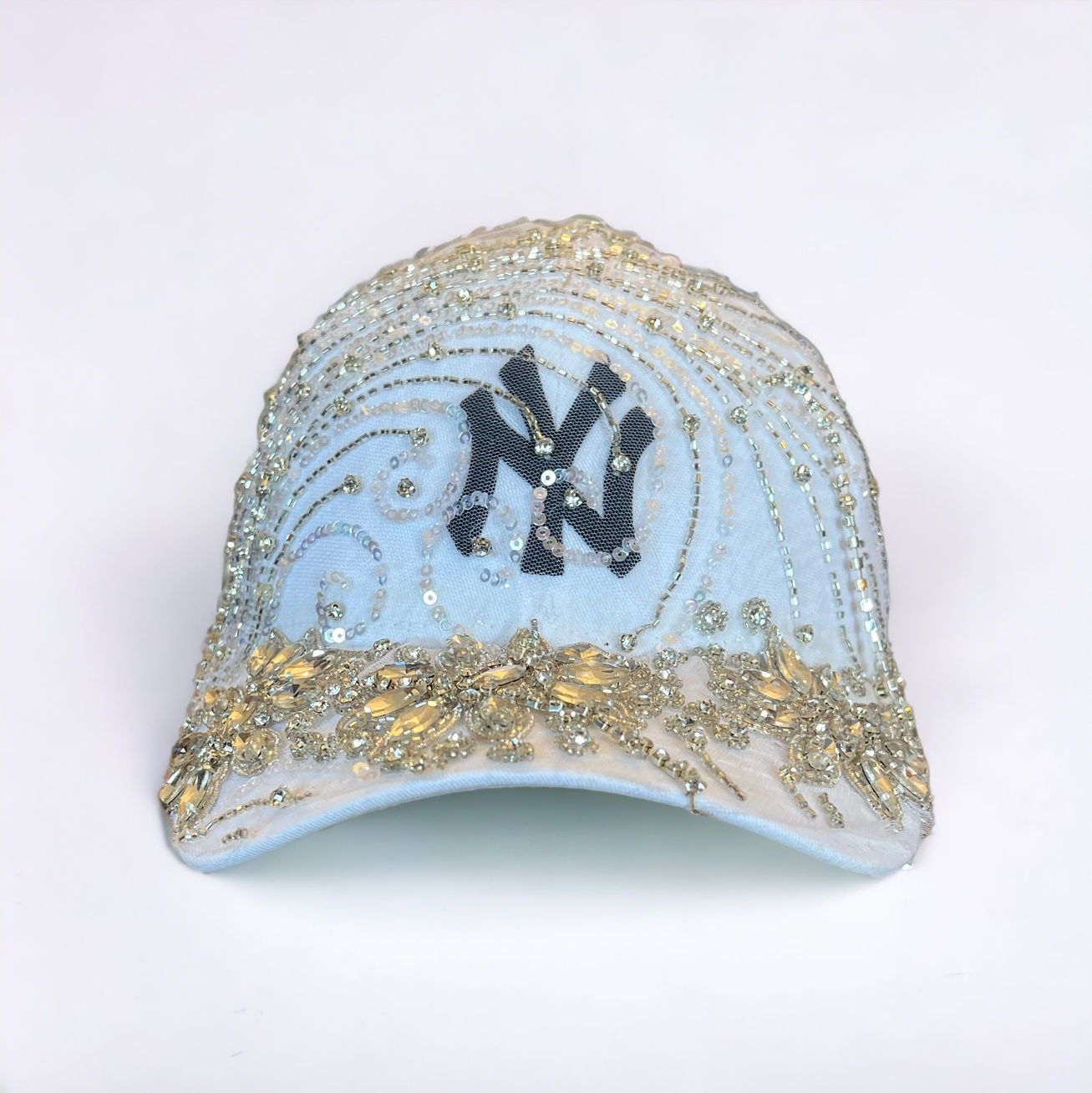 White & Renaissance Silver embroidery with Stones Fringe  NY NEW ERA Cap