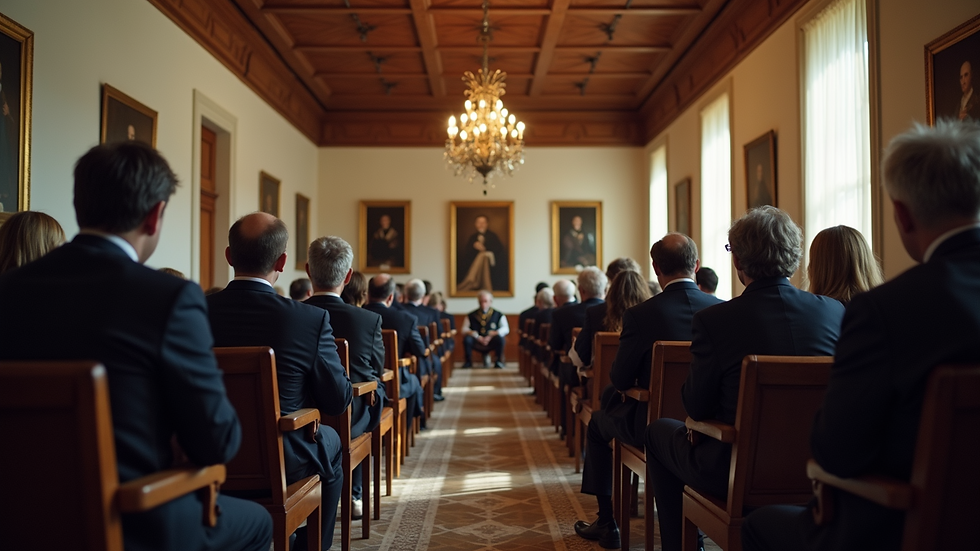 Eye-level view of a Masonic lodge interior with members engaged in a meeting