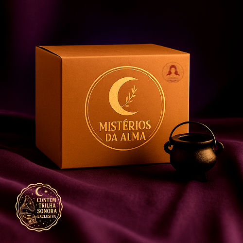 Fotografia de uma caixa kraft com o logotipo “Mistérios da Alma” estampado em dourado, mostrando uma lua crescente e um ramo. A caixa está sobre tecido roxo escuro e ao lado há um pequeno caldeirão preto de ferro. No canto inferior esquerdo, há um selo circular com o texto “Contém trilha sonora exclusiva” e ilustração de uma lua e borboleta.