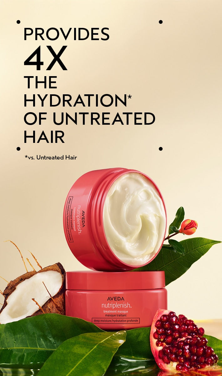 Aveda Nutriplenish Treatment Masque provides 4X the hydration of untreated hair with superfood complex